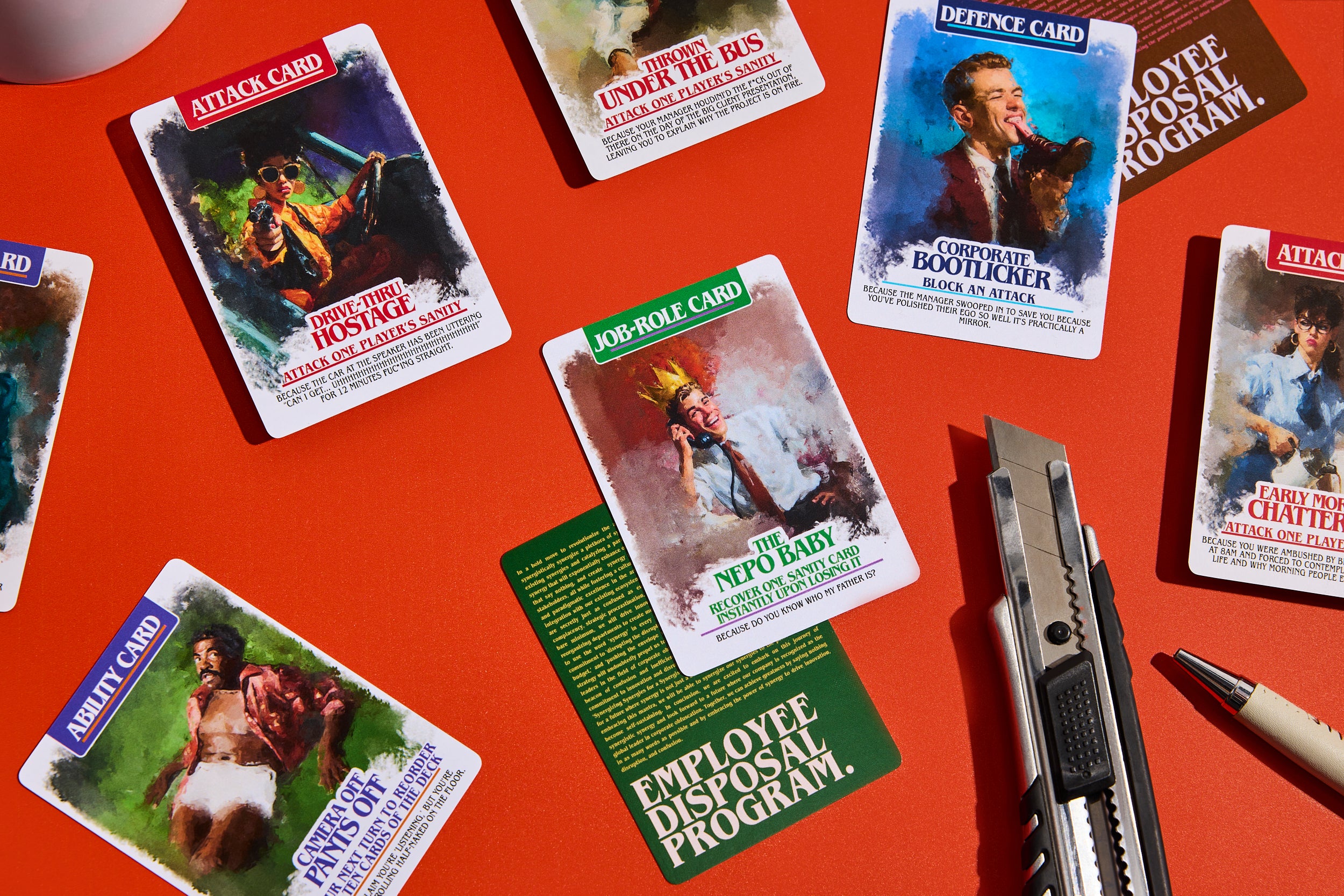 Detail of illustrated cards including Drive-Thru Hostage and Corporate Bootlicker from Employee Disposal Program
