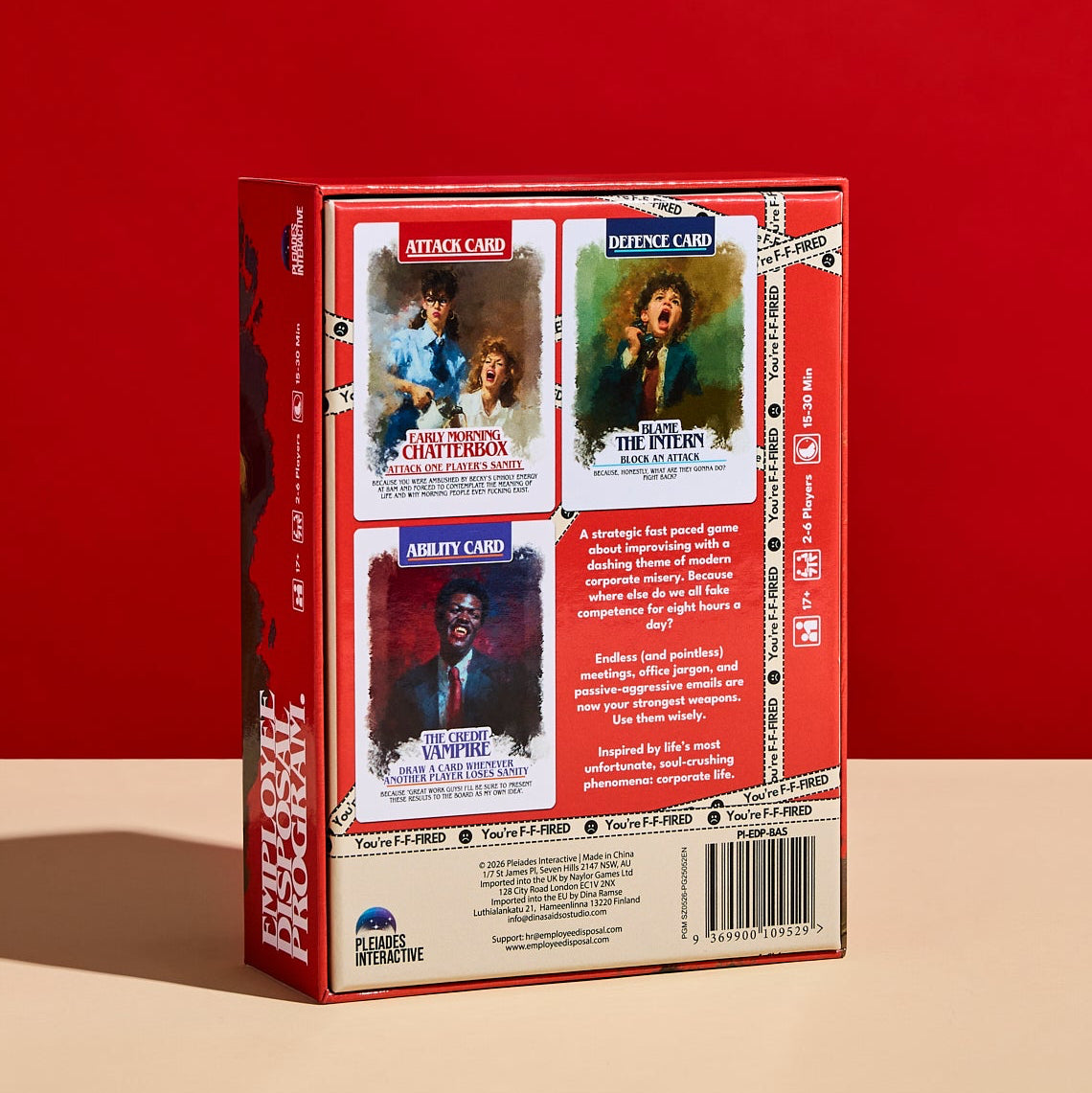Back of the Employee Disposal Program box showing example cards, game description, 2–6 players, ages 17+