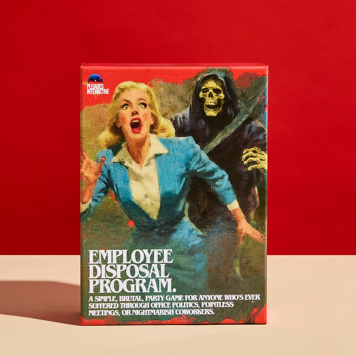 Employee Disposal Program Deluxe Edition box front showing pulp-art cover of an office worker and the Grim Reaper