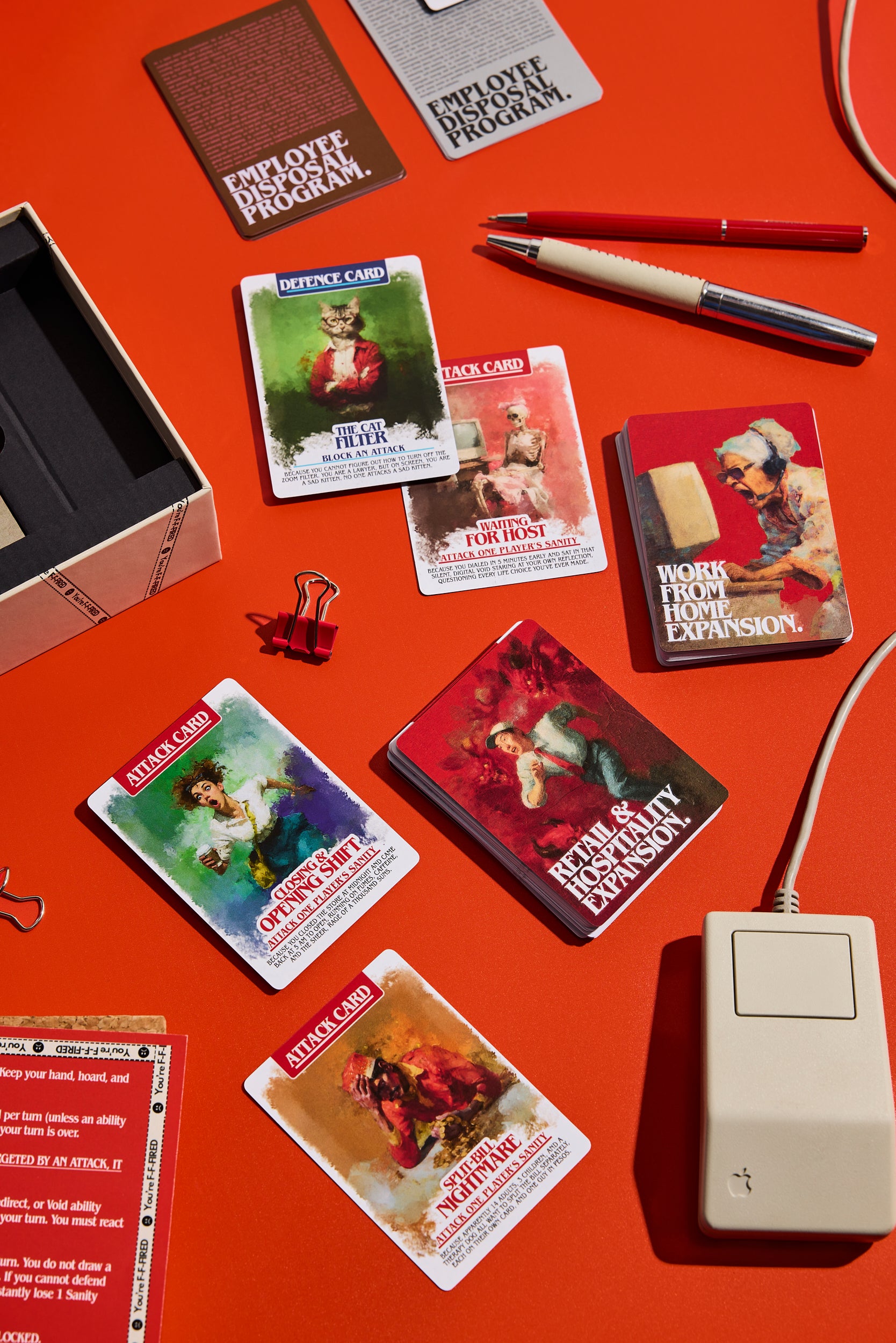 Work From Home and Retail & Hospitality expansion decks with attack and defence cards from Employee Disposal Program