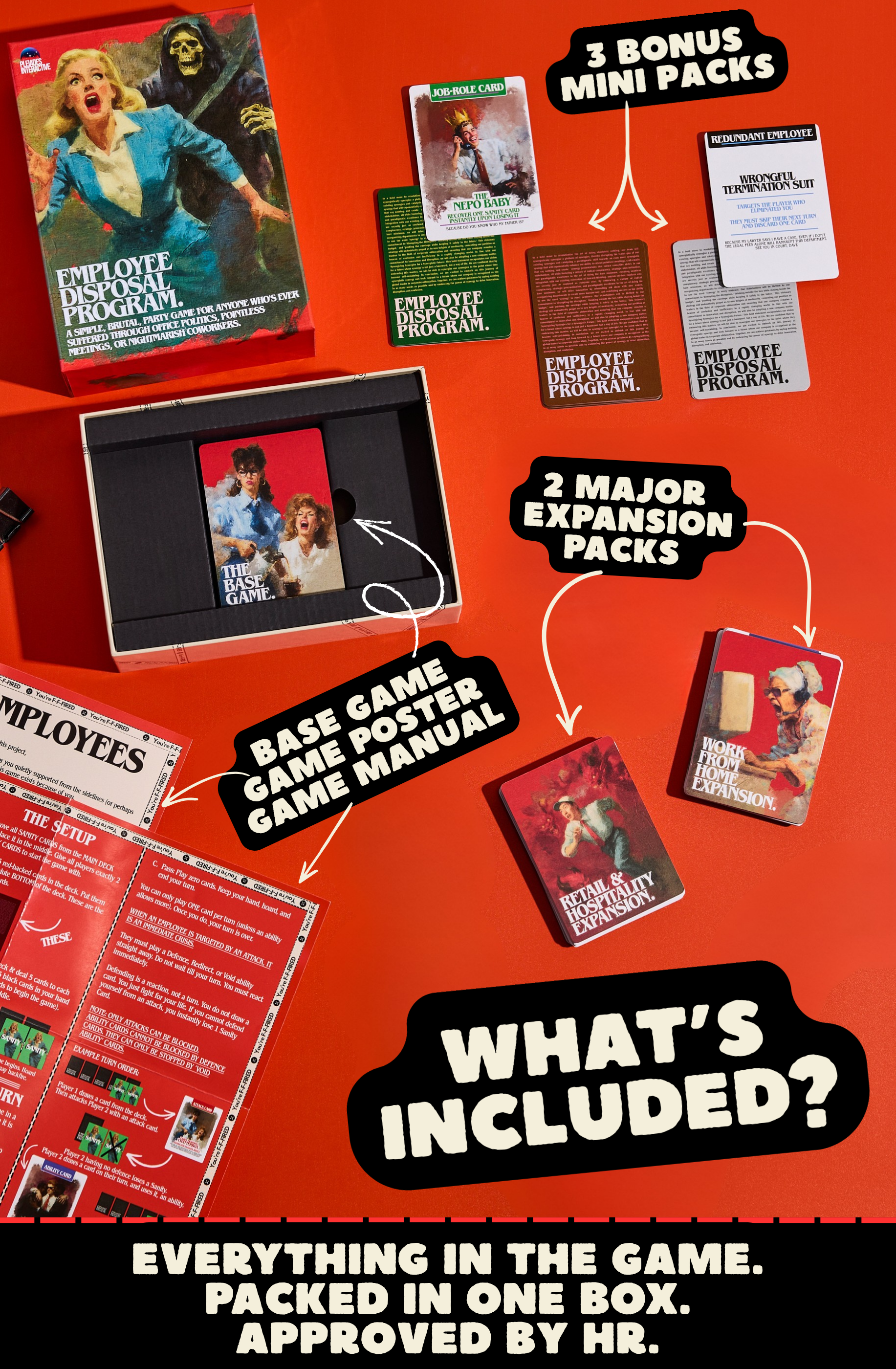 Employee Disposal Program Deluxe Edition contents: base game, 2 expansions, 3 bonus packs